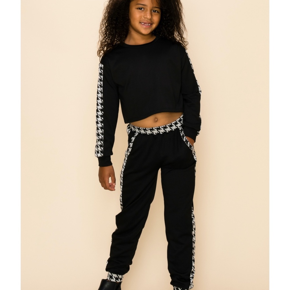 Kids Contrast Houndstooth Panel Trim Sweatshirt & Pants Set
